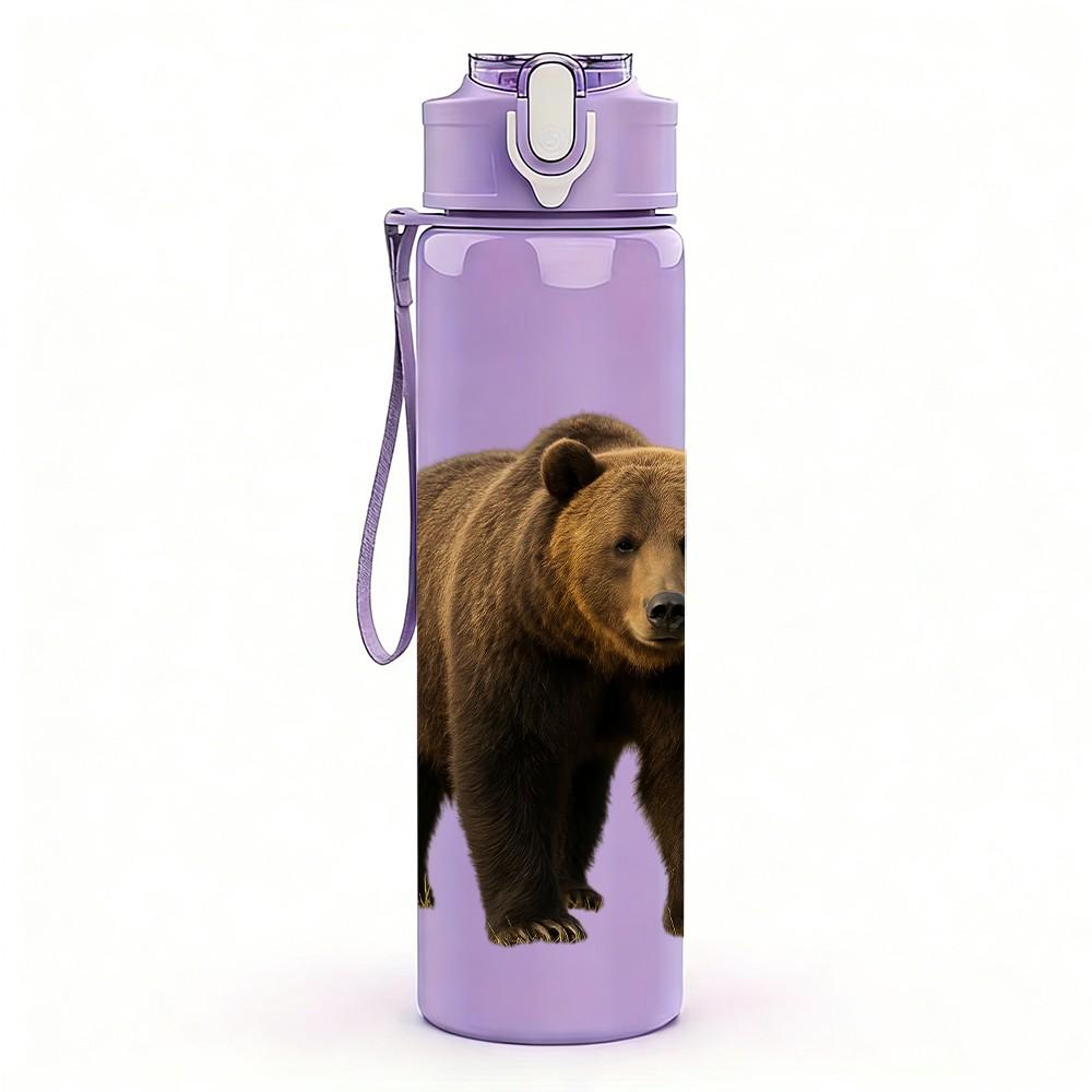1PC Big Brown Bear Wild Animal Print 750ml Color Plastic Sports Water Bottle Leakproof Flip Straw Lid Suitable for Sports Office Home Use