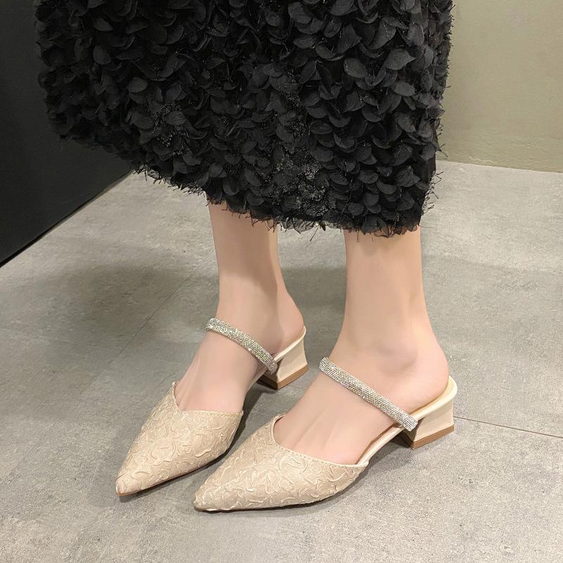 Французские босоножки Baotou со стразами, женственные, с юбкой, толстый каблук, полузатянутый, легкий ветер, одно слово, бриллиантовый пояс, одиночные туфли для женщин