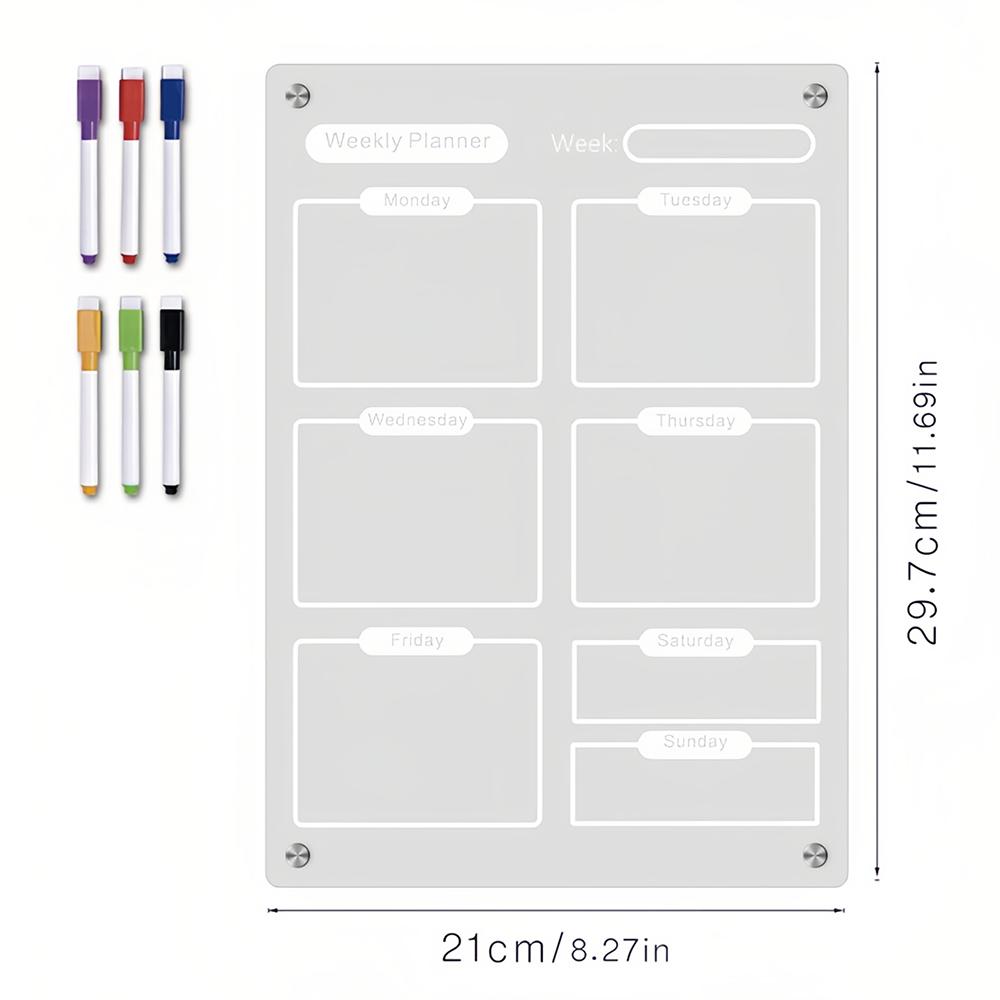 Clear Acrylic Magnetic Dry Erase Board Weekly Planner 8.27x11.7in Writing Board Fridge Reusable Planner with 6 Color Magnetic Markers 4pcs Magnet