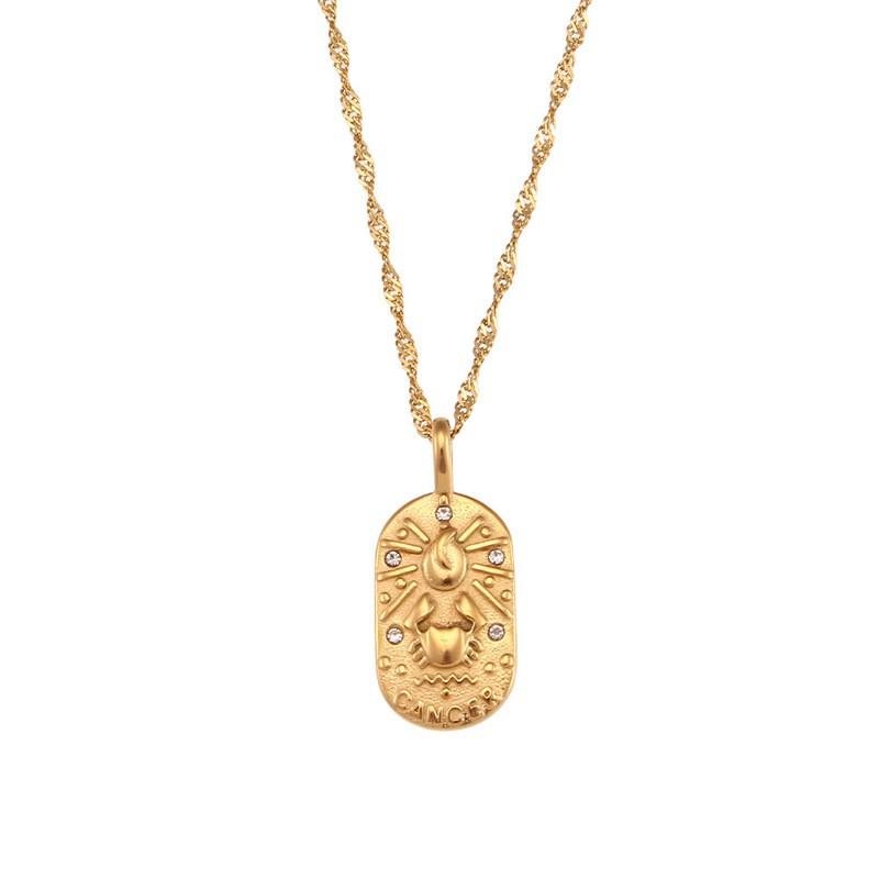 Stainless Steel Zodiac Pendant Necklace Women Minimalist Fashion Jewelry Daily Wear Oval Charm With Zircon Stone