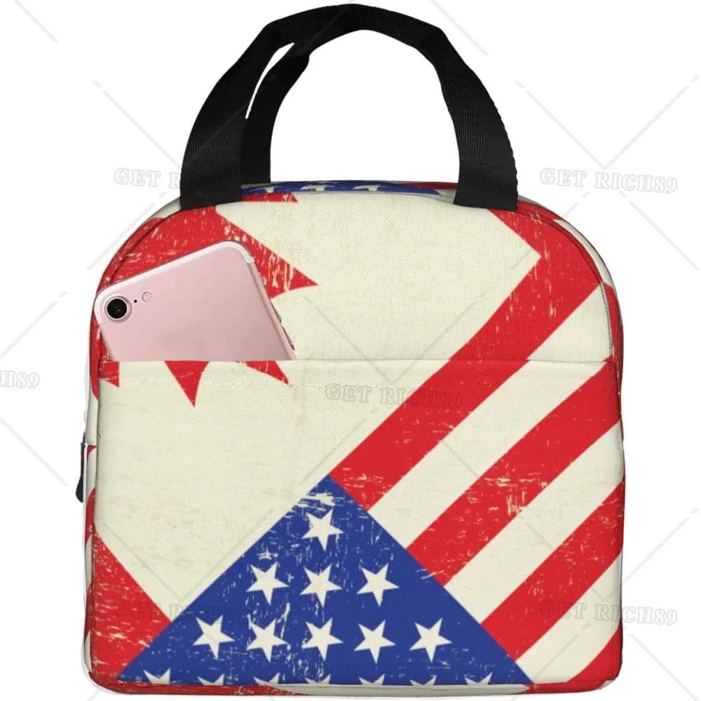 Сумка-тоут с американским флагом для обеда для женщин и мужчин, многоразовый изолированный контейнер для обеда-холодильника с карманом для работы в офисе