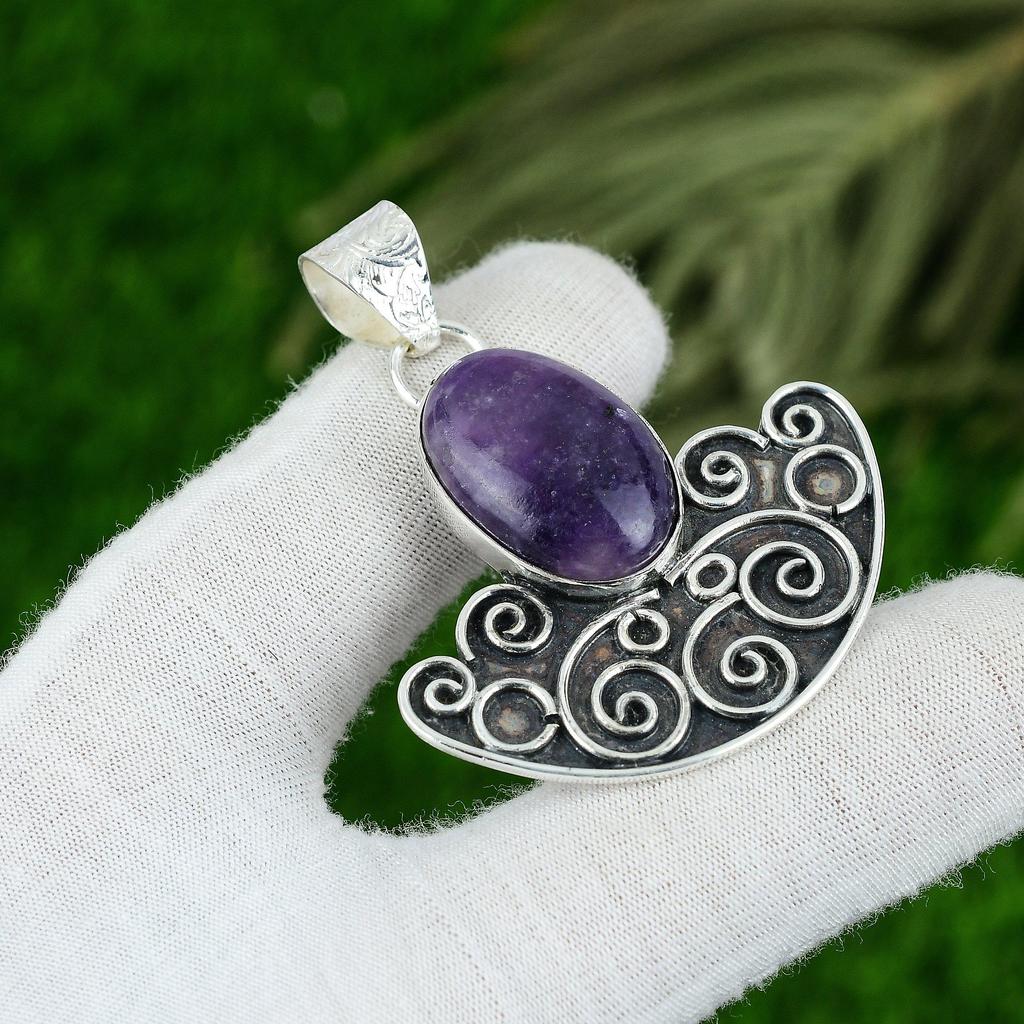 Oval Natural Lepidolite 925 Sterling Silver Bezel Mother Elegant Ethnic Pendant