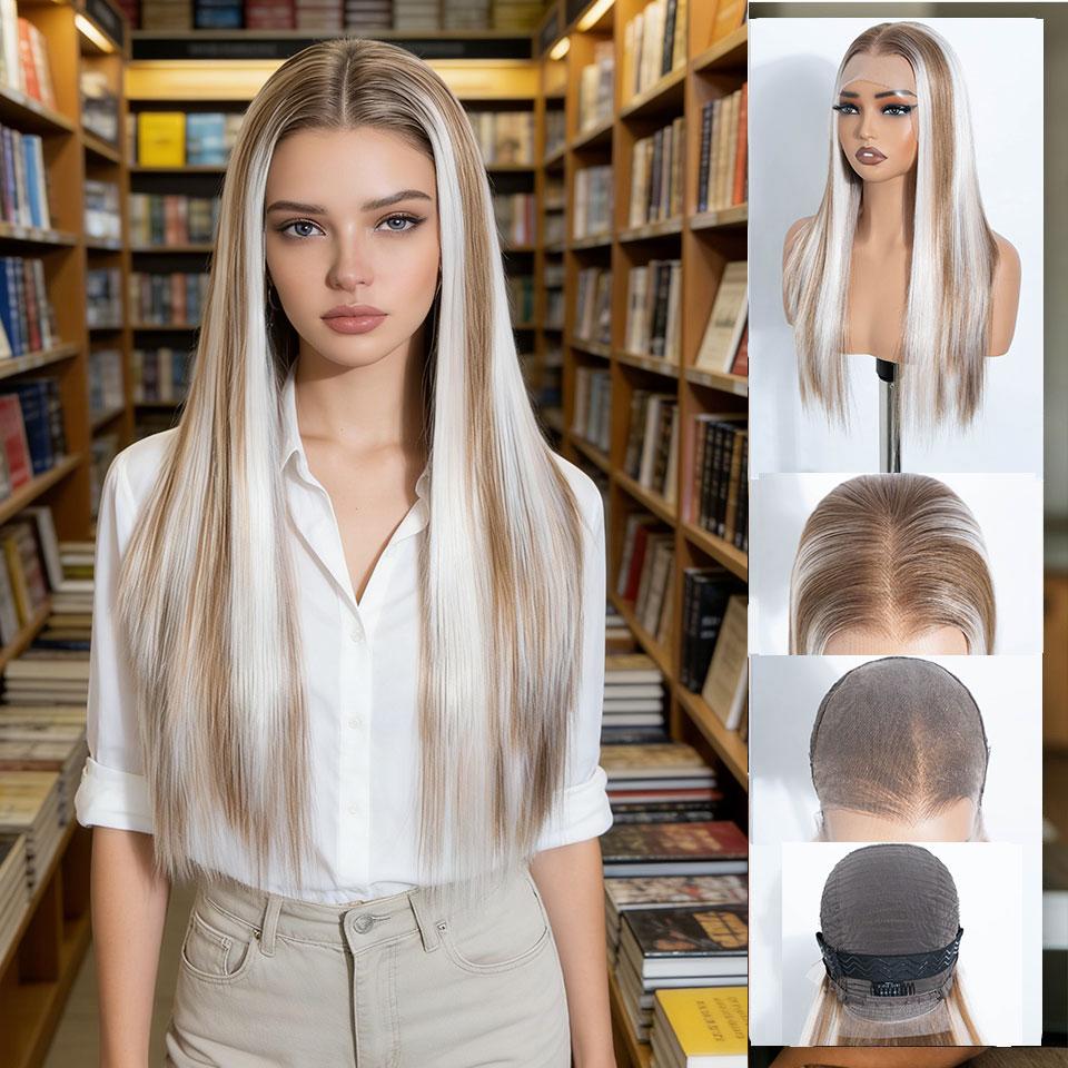 NOBLE 24 Inch13X6 Synthetic Lace Front Wig Highlight Brown White Streaks Straight Natural Hairline Heat Resistant For White Wome