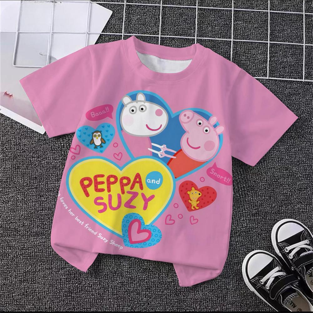 Trendy Cute Cartoon Print Tee Summer Casual Crew Neck Street Fashion Kids Short Sleeve Peppa Pig 3 14 Years