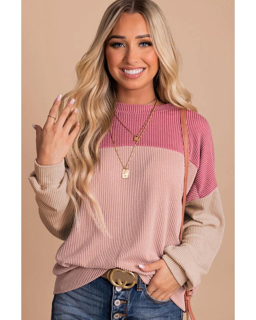 Azura Exchange Розовый цветной блок длинный рукав ребристый свободный топ