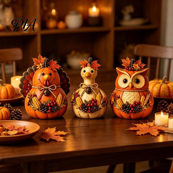 Decorative Wooden Tabletop Accents 3PCS Rustic Autumn Harvest Ornaments, Animal Designs Retro Maple Leaf Table Centerpieces Distressed Farmhouse