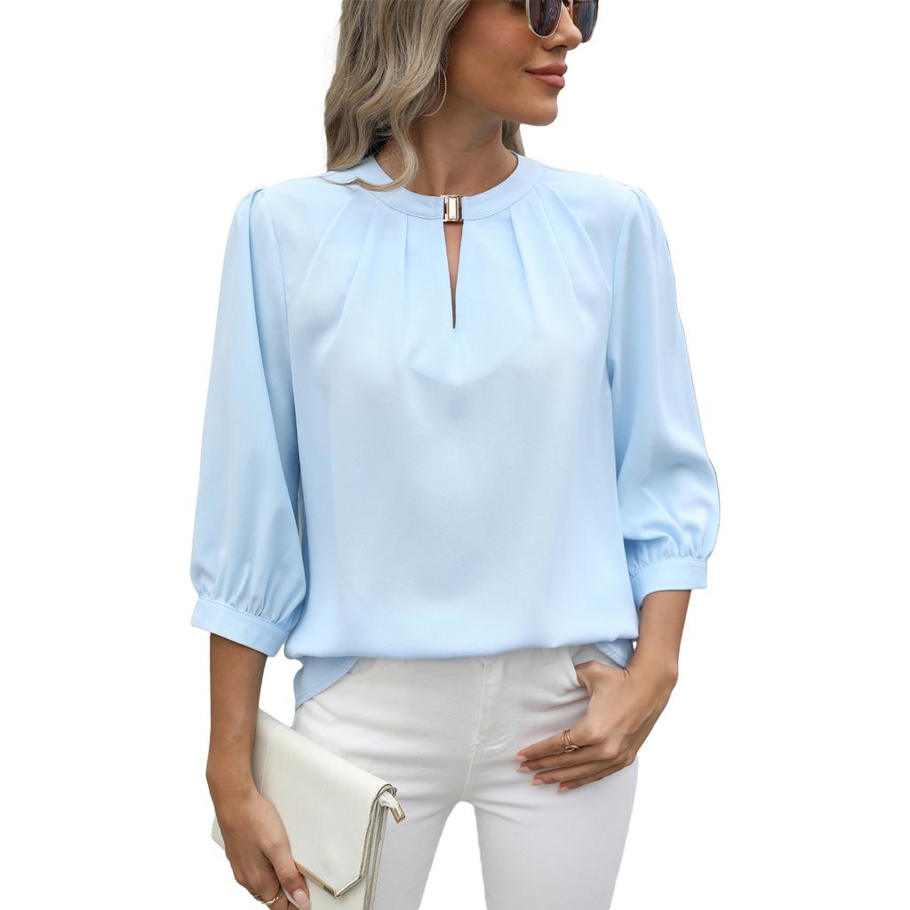 Женская весна-лето с коротким рукавом и круглым вырезом, однотонная рубашка-пуловер, блузка, топ