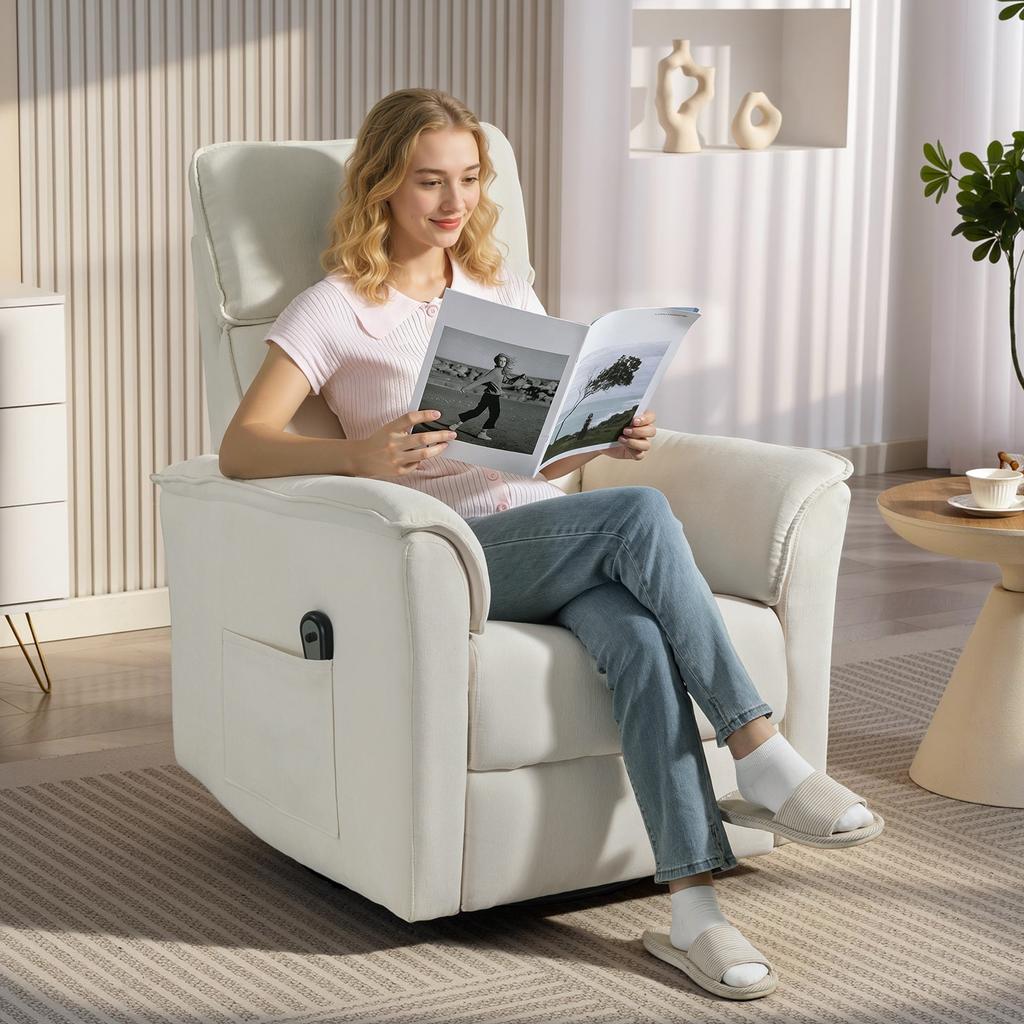 Electric Recliner with Reclining Function, Adjustable Backrest, Headrest, for Living Room, Cream White