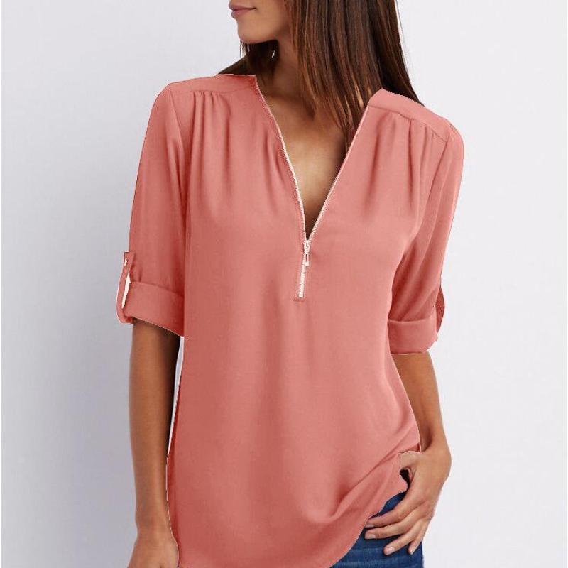 Рубашка с v-образным вырезом на молнии, женская футболка большого размера с длинными рукавами, свободная шифоновая рубашка