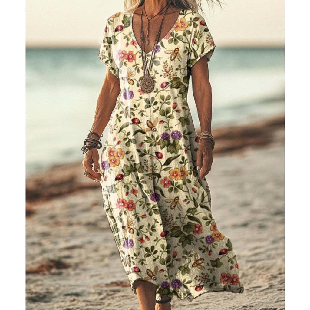Bohemian Retro Print Raglan Sleeve Summer Maxi Dress