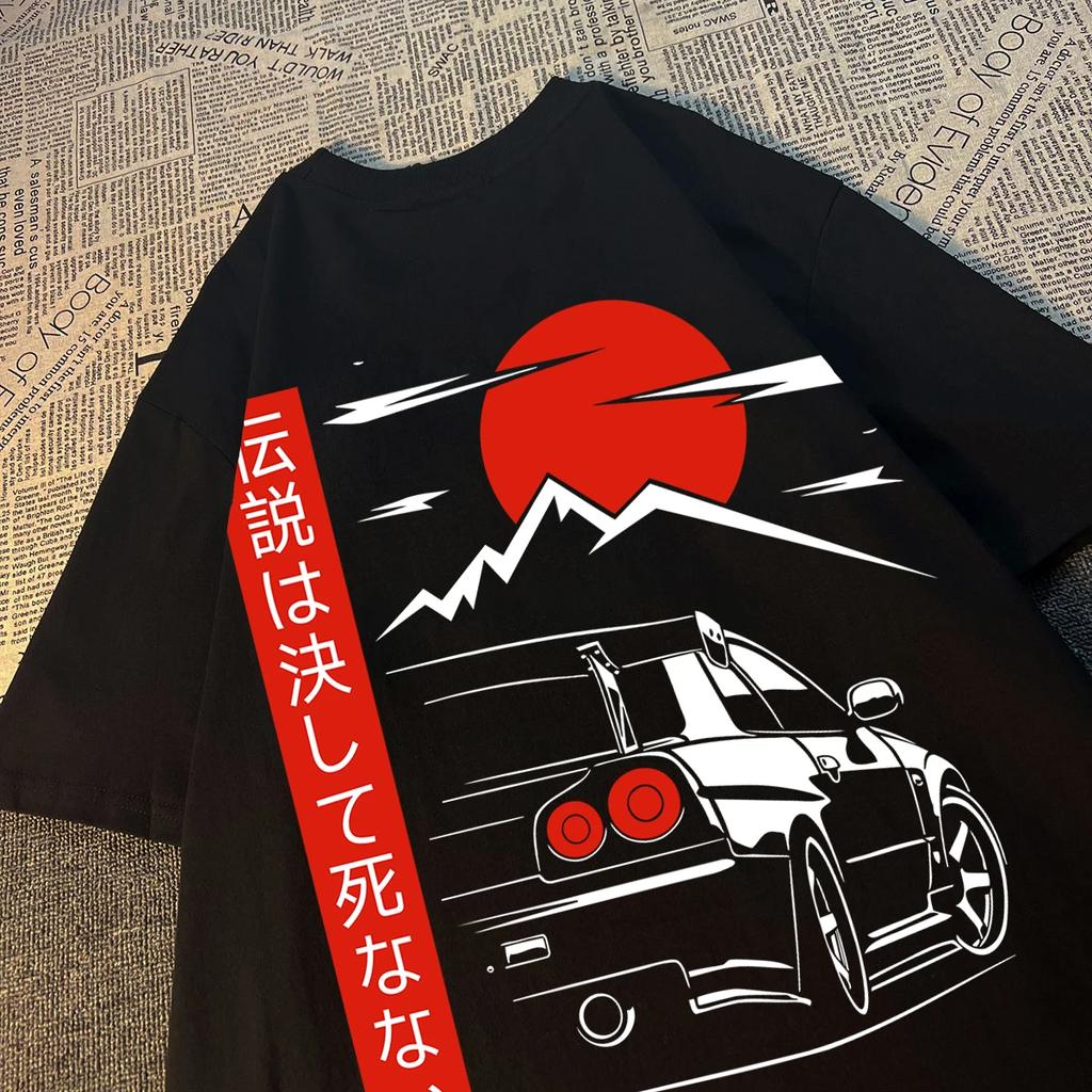 2025 New Japanese Style Car JDM Culture GTR Racing T-shirt Men's Printed Street Oversized Casual 100% Cotton Top T-shirt