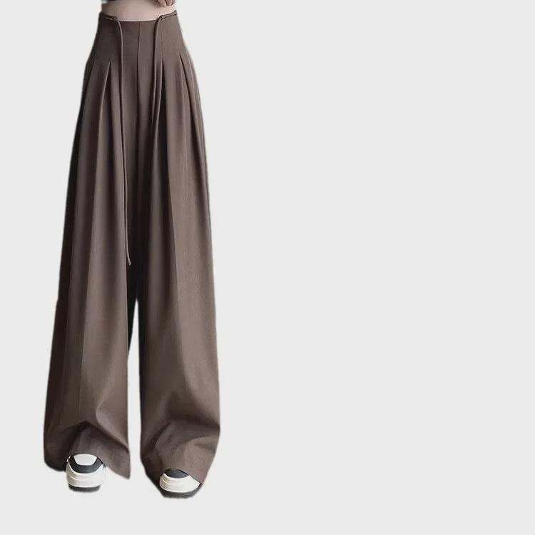 Осенние женские высококачественные серые повседневные брюки со шнуровкой и утягивающим живот широкими штанинами длиной до пола