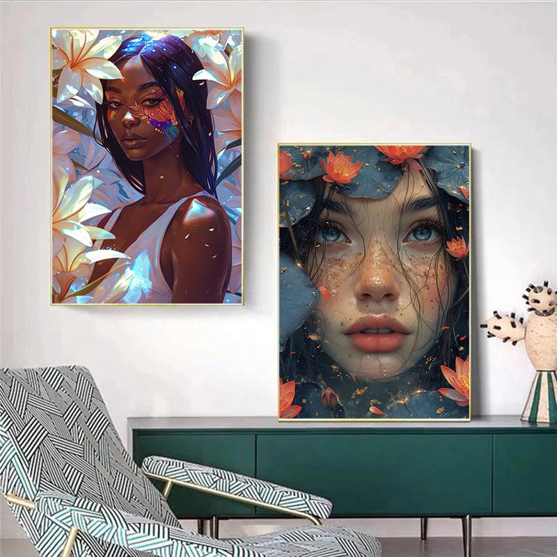 Ретро Потрясающая Девушка и Цветок Портрет Арт Постер Холст Принт Настенная Живопись Гостиная Спальня Украшение Дома Эстетика