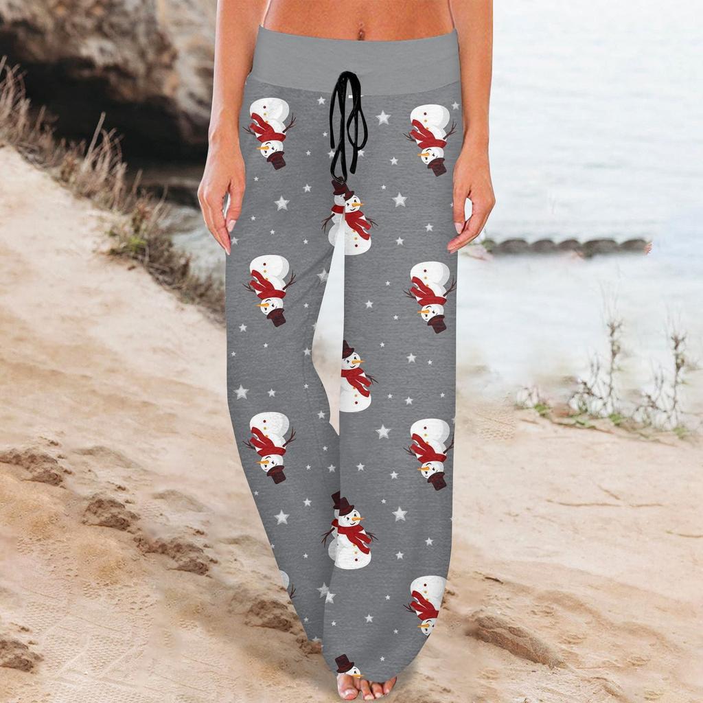 Women's Comfy Pajama Pants Pocket Christmas Print Drawstring Wide Leg Pants