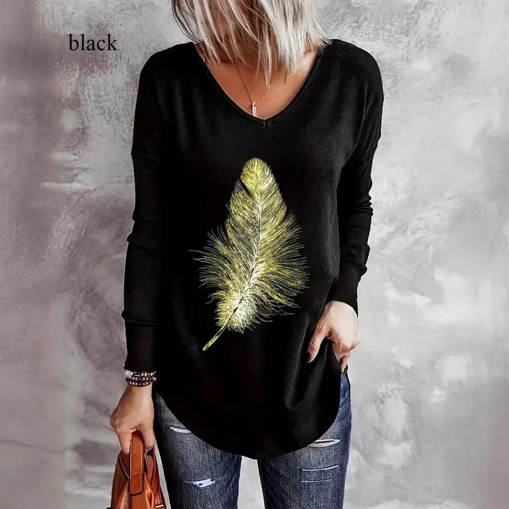 Animal Letters Feather Moon Printed 3D T Shirts Plus Size Black Tees Women Fashion V Neck Long Sleeve T Shirt