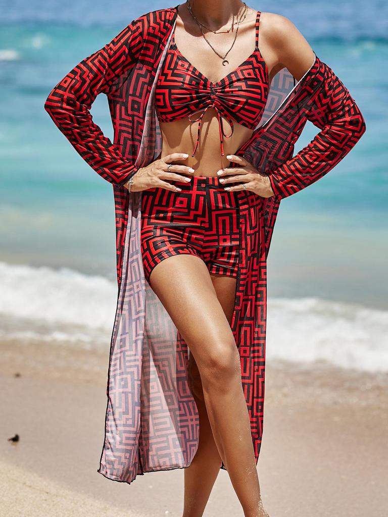 Женский трехсекционный купальник с длинным рукавом и клетчатым принтом для защиты от солнца 2026