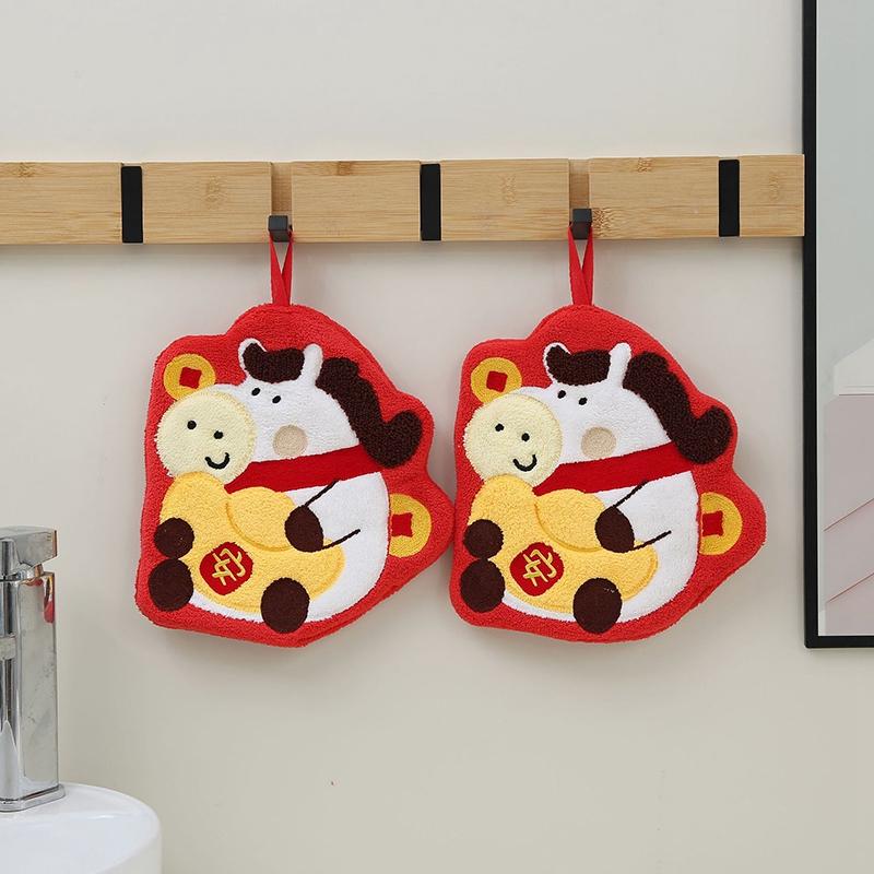 Thickened Coral Fleece Hand Towel Kitchen Bathroom Hanging Towel Spring Festival Embroidered Chinese New Year Festive Decoration