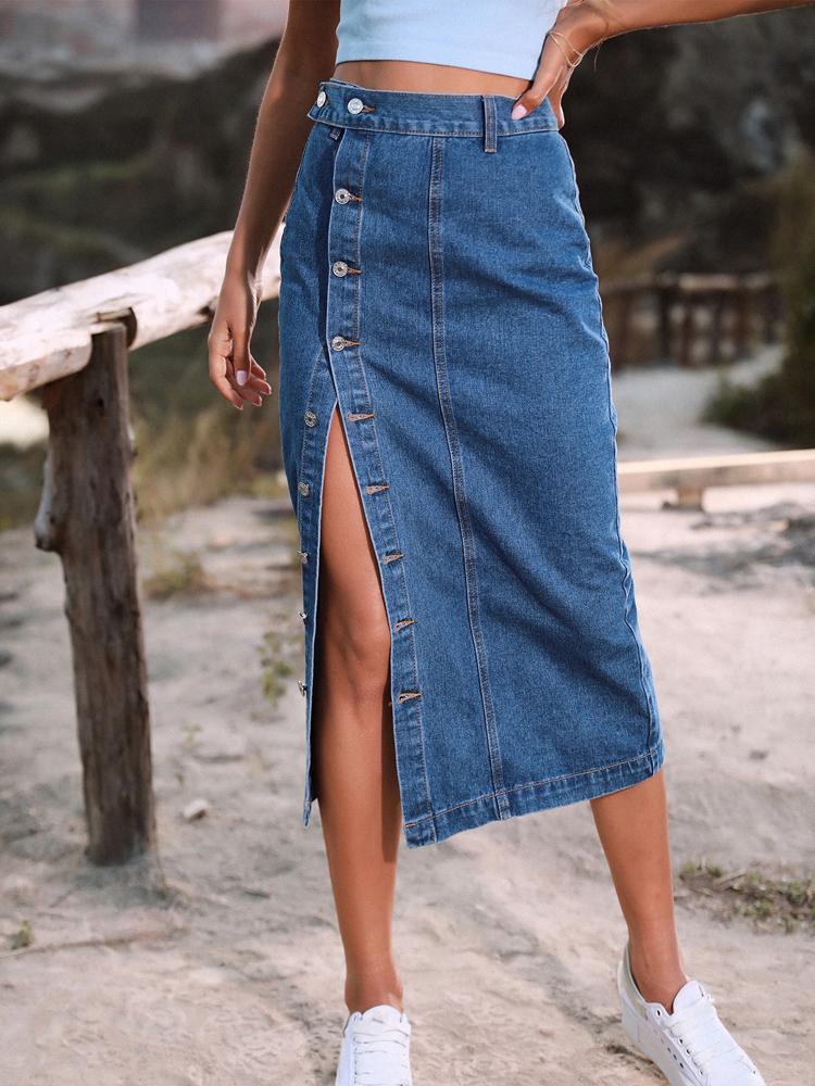 Ayollar Modasi Yuqori Bel Denim Yubka Yirtig'i Uzun Jinsi Yubka