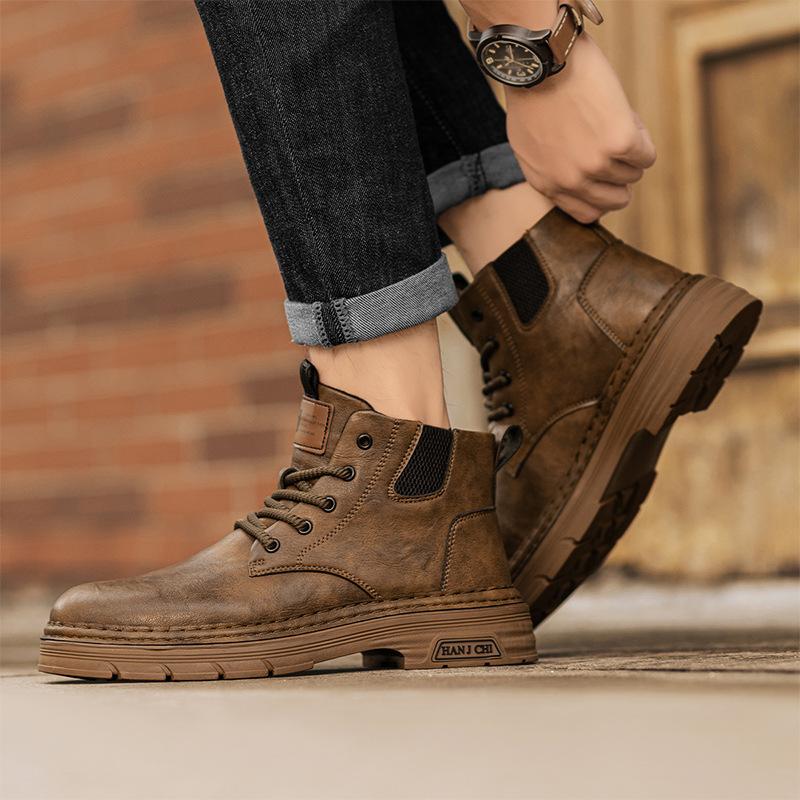Ботинки Мартин мужские осенние высокие ботинки в британском стиле повседневные супер кожаные мужские на толстой подошве коричневые уличные рабочие короткие ботинки