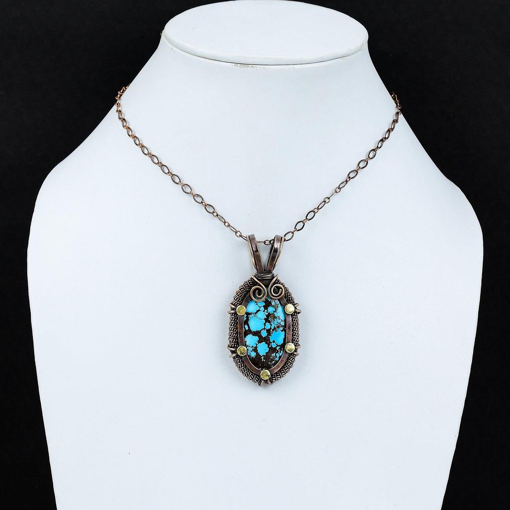 Тибетский бирюзовый драгоценный камень Чистая медная проволока Обернутая ювелирная подвеска ручной работы