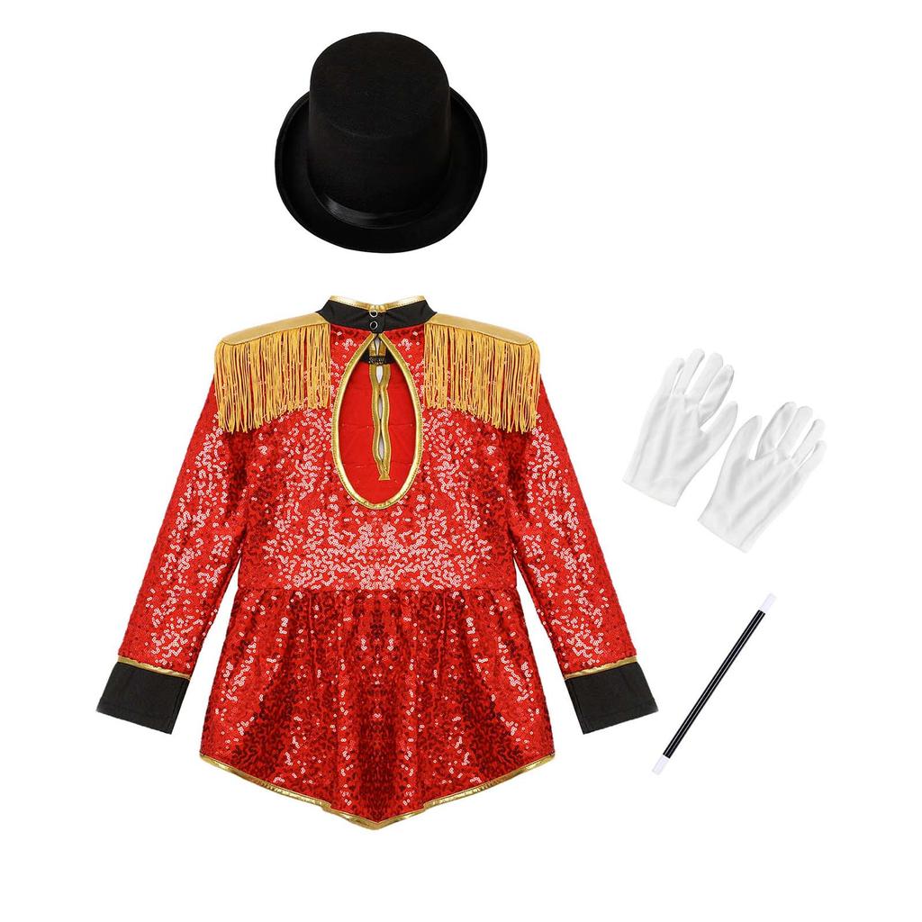 4Pcs Kids Girls Ringmaster Circus Magician Drummer Cosplay Costume Sequins Bodysuit with Hat Gloves Wand Set Halloween Circus Costume