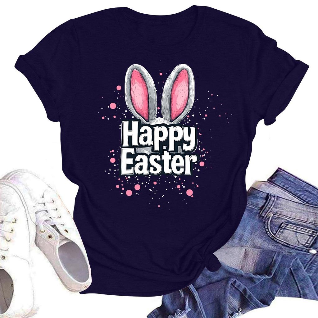 Happy Easter Women's Fashion Printed Round Neck Short Sleeve T-Shirt Pullover Top