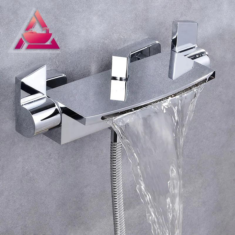 Хромированный водопадный душ, набор для ванны, черный ретро-смеситель для душа, кран для ванны с двумя ручками, ручная головка для душа