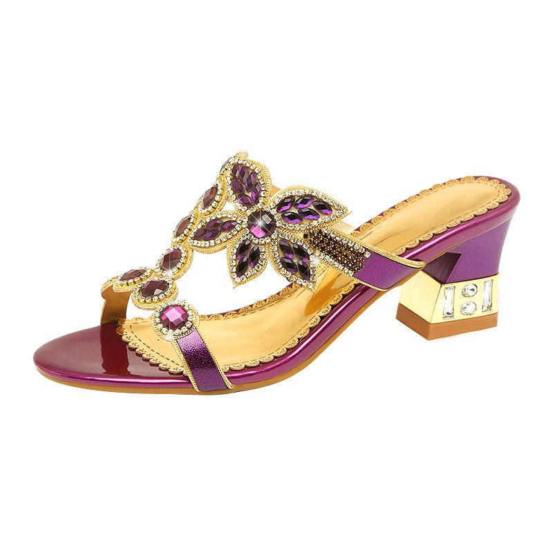 2025 Summer Sexy Luxury Design Women's Rhinestones Sandals Fashion Crystal Square High Heels Roman Banquet Party Shoes