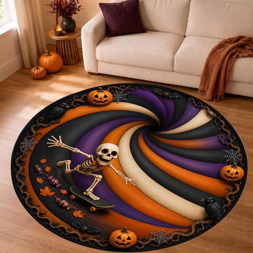Halloween Patio Front Door Skeleton Carpet Kitchen Floor Mat Bedroom Bedside Pumpkin Round Area Rug Office Home Decor
