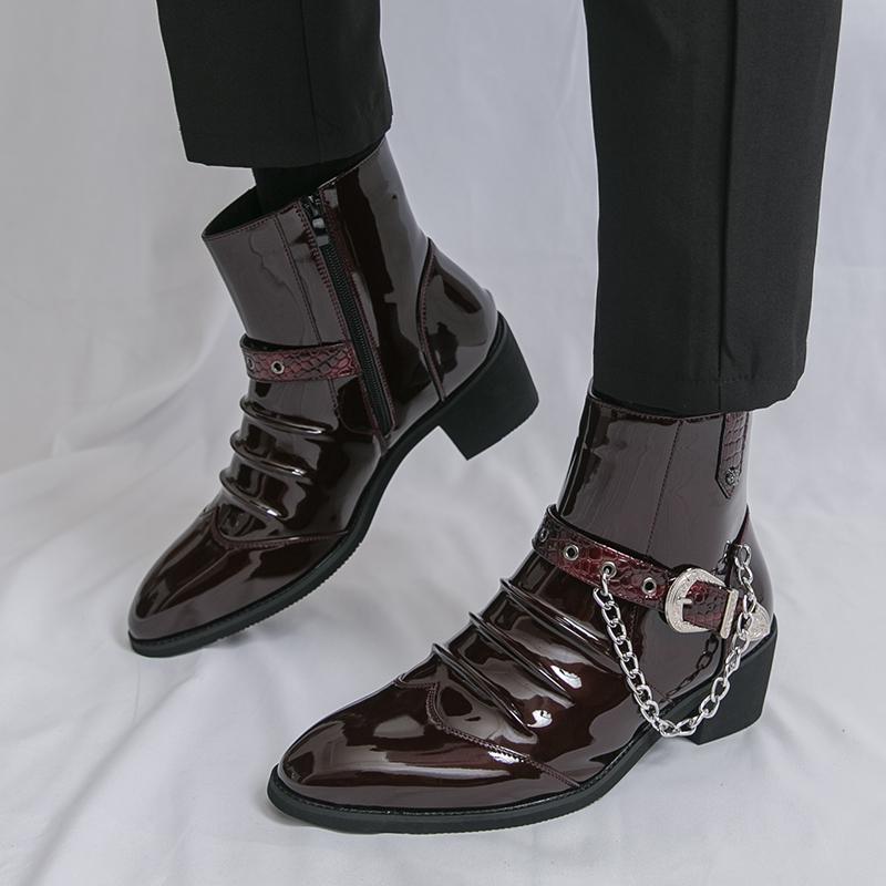Мужские ботинки с высоким голенищем из ПУ с острым носком, украшенные цепочкой, модные классические мужские ботинки, размеры 38-46