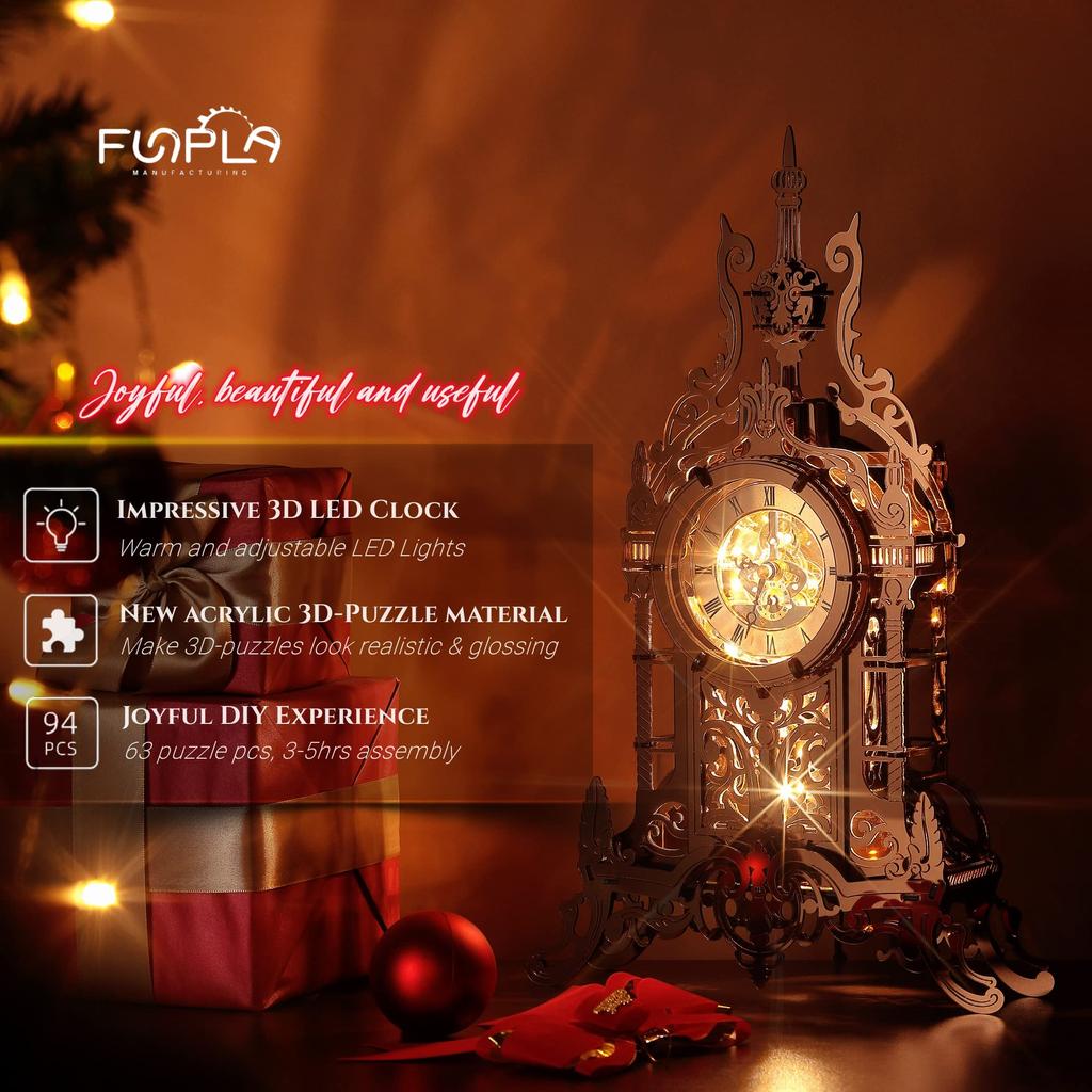 FUNPOLA 3D Puzzle Acrylic 3D Puzzle LED Metal Puzzle Clock Tower Building Model Clock Table Clock Handmade for Kids and Adults Home Decoration with