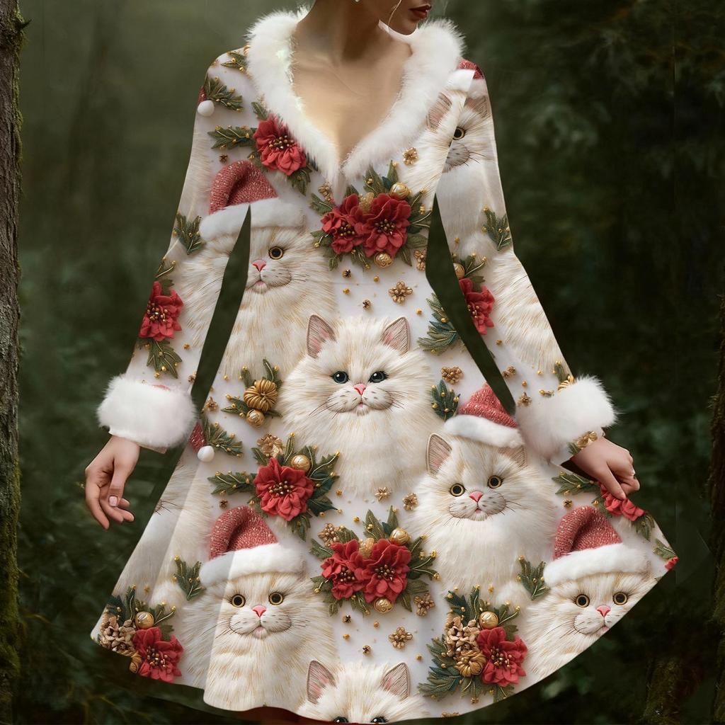 Женское повседневное платье с V-образным вырезом, рождественским принтом, плюшевыми длинными рукавами