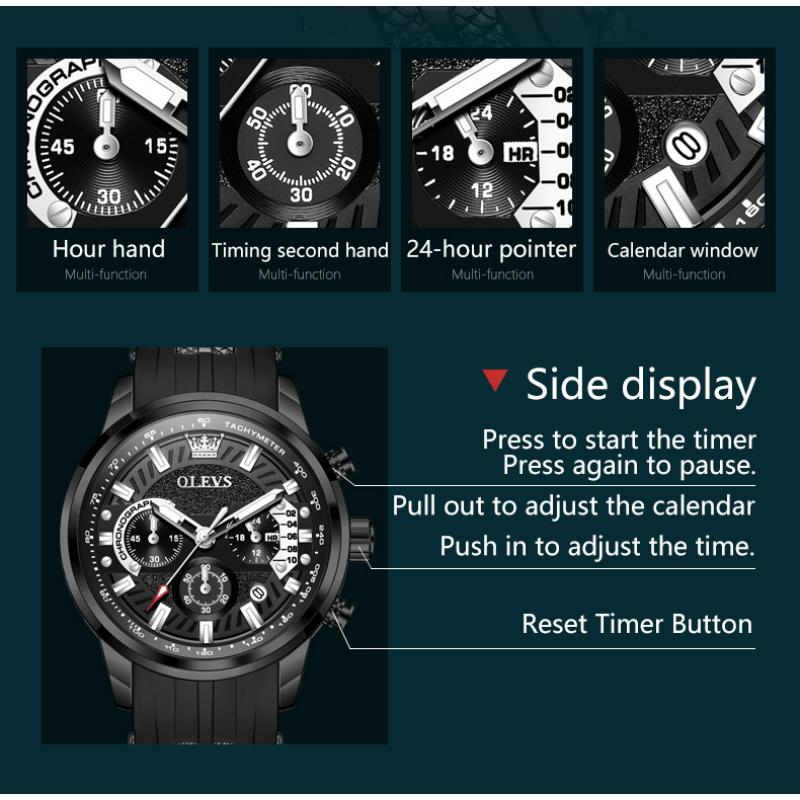 OLEVS Brand Original Quartz Watch Men Sports Silicone Waterproof Luminous Multifunctional Chronograph Watches For Men