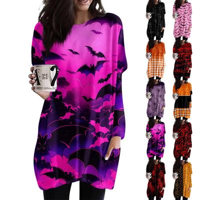 Женская модная повседневная футболка с длинным рукавом и принтом на Хэллоуин с круглым вырезом и двумя карманами