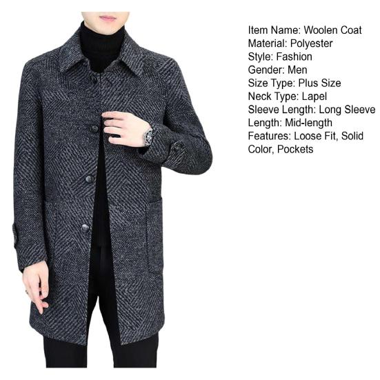 Men Woolen Coat Lapel Long Sleeve Single Breasted Mid-Length Overcoat with Pockets Casual Daily Wear