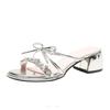 Fashion Elegant Silver Sandals for Women Summer Crystal High-heeled Shoes 2025 French Bow Sandals Open Toes Thick Heels Slippers