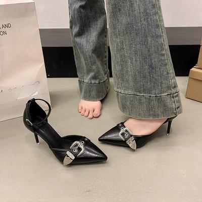 Модные Новые Однолинейные Остроносые Туфли-стилет с Заклепками на Высоком Каблуке Женственные Туфли с Пряжкой в Панк-стиле с Вырезами