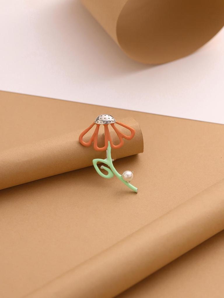 Брошь Kicky and Perky из стерлингового серебра 925 пробы с оранжевой и зеленой эмалью и жемчугом в виде цветка для женщин