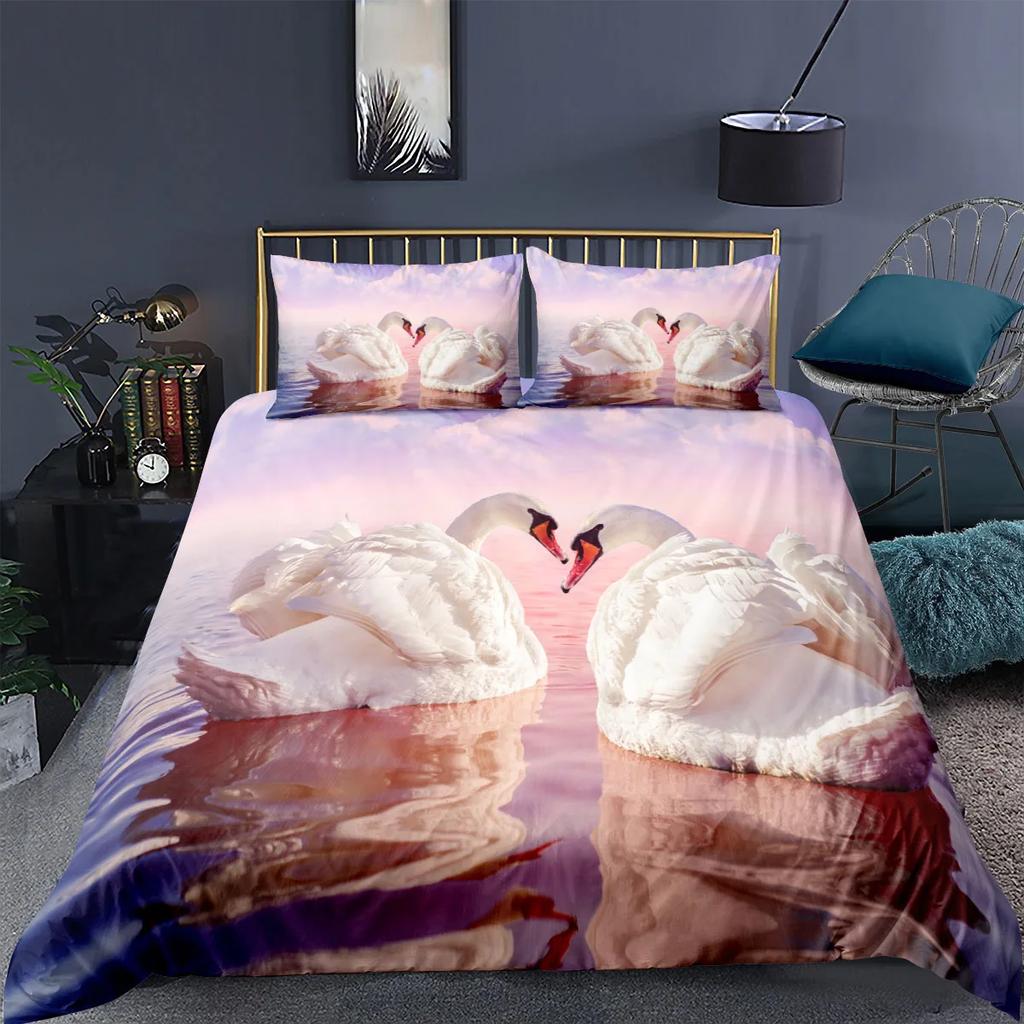 Swan Duvet Cover Set White Swan Lake Comforter Cover Twin Ocean White Swan Polyester Bedding Set For Couple Valentine's Day Gift