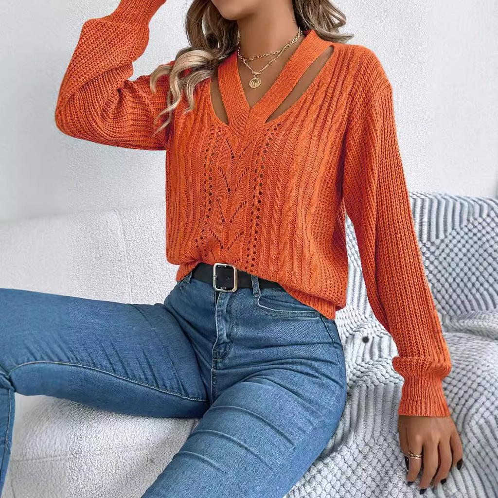 HNXC Autumn and Winter Casual Hollow V-neck Twisted Lantern Sleeve Pullover Sweater for Women