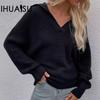 Autumn and Winter Sleeve Loose Solid Colour Long Sleeve Knitted Sweater Women's V-Neck Sweater