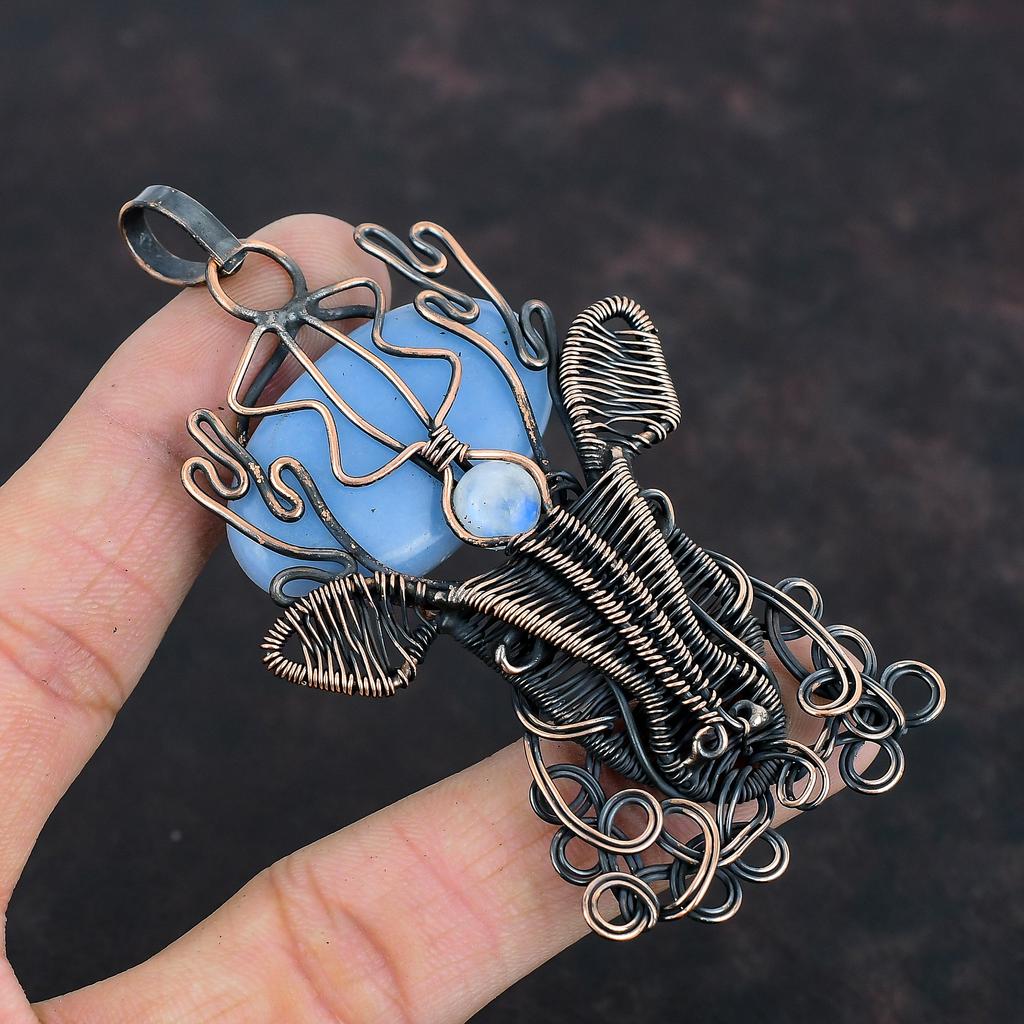 Angelite Copper Pendant Wire Wrapped Jewelry Rainbow Moonstone Gemstone Pendant Wire Wrap Deer Face Pendant Handmade Copper Jewelry For Gift