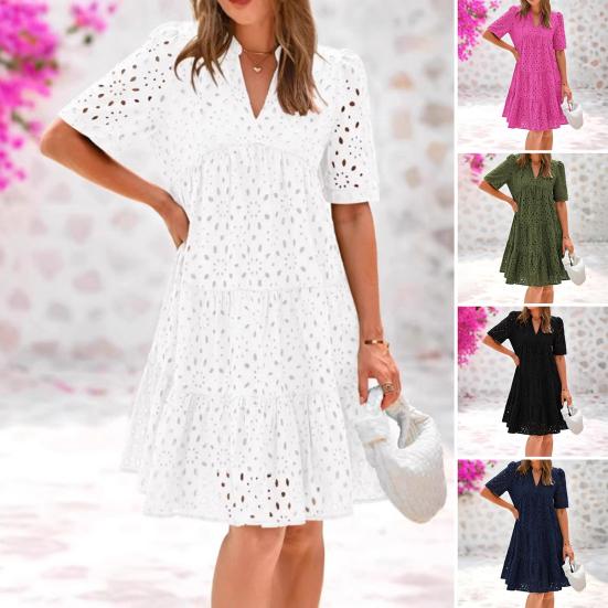 Women's Hollow Out Eyelet Dress Casual Short Sleeve V-neck Midi Dress Summer Beach Tiered Flowy A-line Sundress
