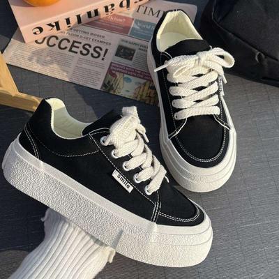 Инс трендовая обувь классические черные на платформе увеличивающие рост парусиновые туфли женские 2025 лето новинка корейская версия универсальные туфли на платформе