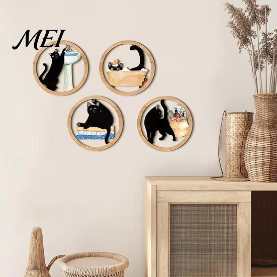Durable Wooden Wall Hanging 4 Pcs Minimalist Black Cat Art, Geometric Round Circle Natural Wood Decor Decor, Abstract Sign for Living Room,