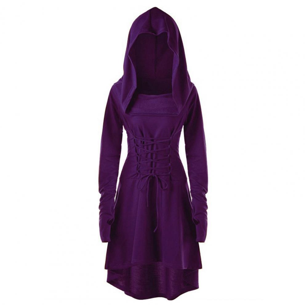 Women Cosplay Dress Gothic Solid Color Lace-up Strap Slim Waist Irregular Hem Hooded Long Sleeves Theme Parties Role-Playing St Practical Use