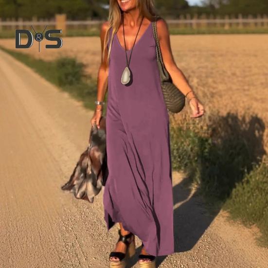 Женское летнее платье-комбинация без рукавов, повседневное платье макси с V-образным вырезом и разрезом, свободный пляжный сарафан, наряд для путешествий и отпуска