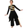 Girls Liturgical Dance Costume: Long Sleeve Mock Neck Metallic Patchwork Dress with Asymmetrical Hem & Wide-Leg Pants