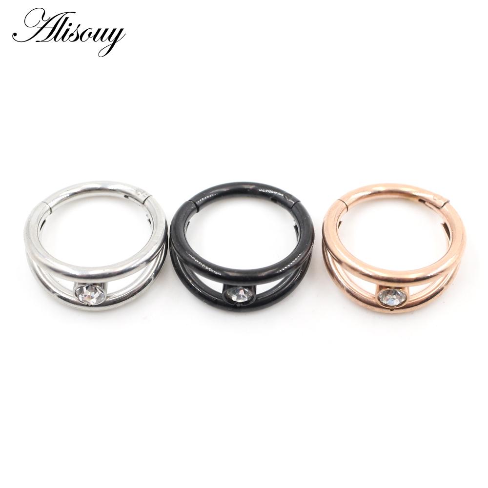Alisouy 1pc Two Layers Zircon CZ Cartilage Earrings Stainless Steel Hinged Piercing Septum Clicker Nose Rings Hoop Segment Rings
