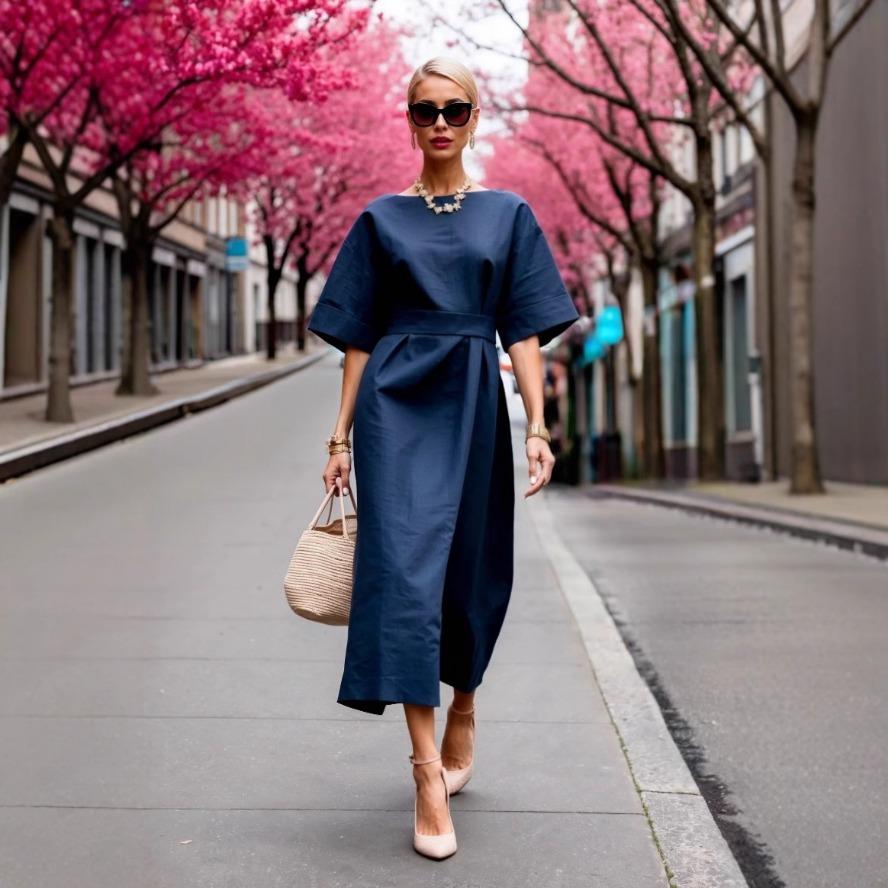 YYFS Женская мода лето весна однотонный принт с рукавами 1/2 и круглым вырезом с высокой талией повседневные платья